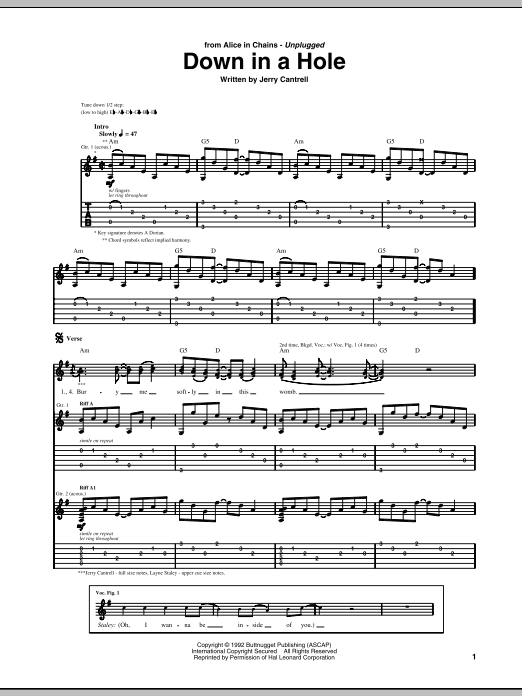 Learn to play Alice In Chains Down In A Hole sheet music for Guitar Tab in minutes. Price: 6.9900$ Alice In Chains Down In A Hole sheet music notes and chords arranged for Guitar Tab