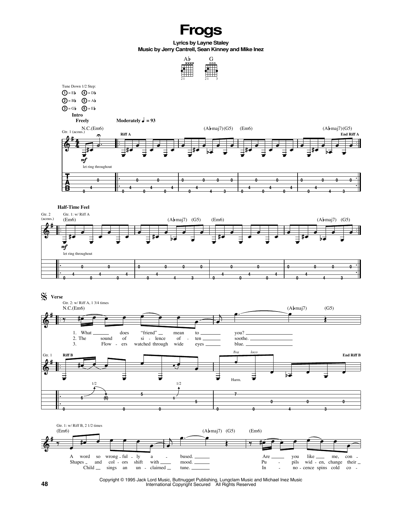 Learn to play Alice In Chains Frogs sheet music for Guitar Tab in minutes. Price: 7.8900$ Alice In Chains Frogs sheet music notes and chords arranged for Guitar Tab