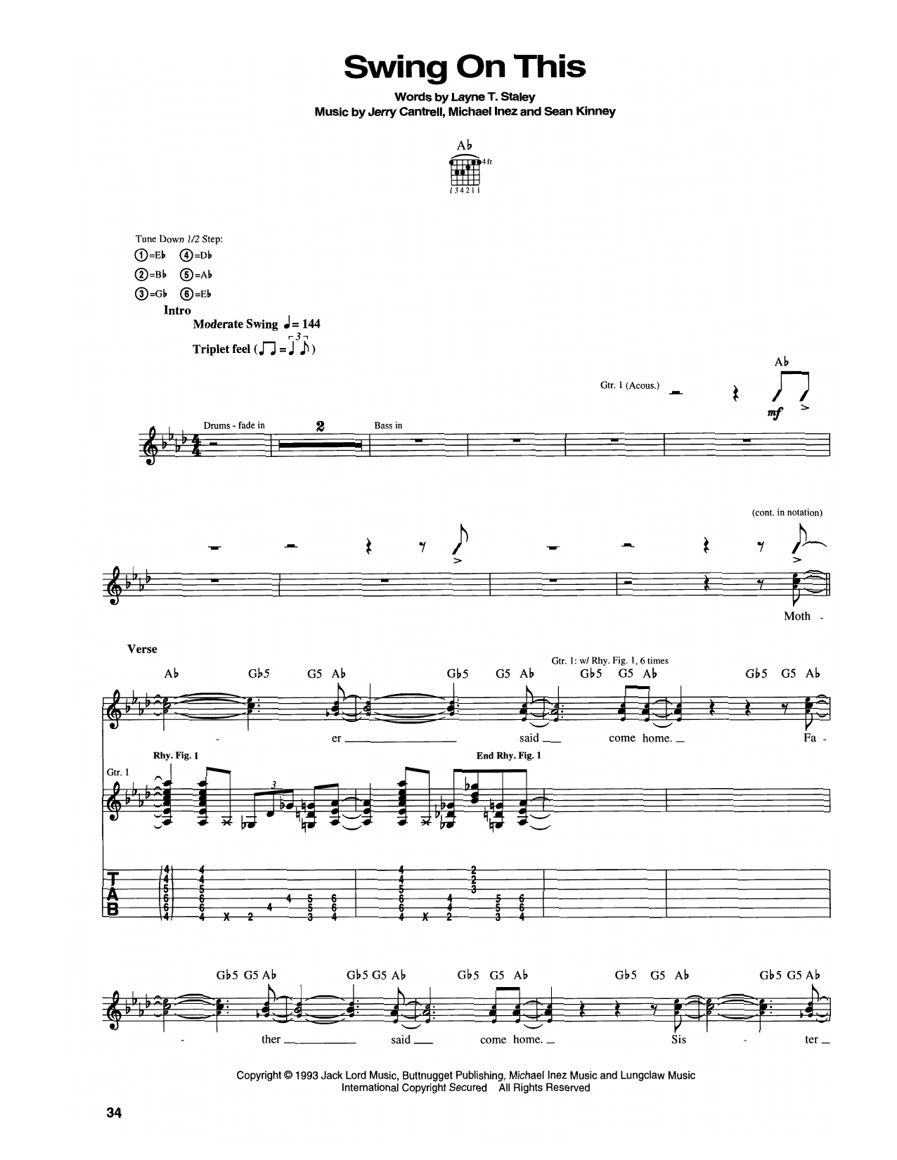 Learn to play Alice In Chains Swing On This sheet music for Guitar Tab in minutes. Price: 7.8900$ Alice In Chains Swing On This sheet music notes and chords arranged for Guitar Tab