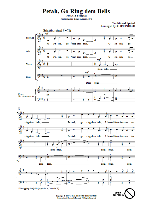 Traditional Spiritual Petah, Go Ring Dem Bells (arr. Alice Parker) sheet music notes and chords arranged for SATB Choir