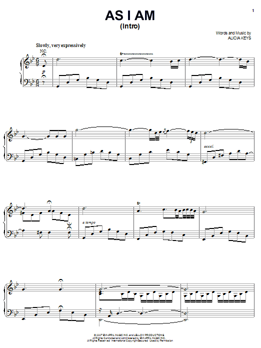 Learn to play Alicia Keys As I Am (Intro) sheet music for Piano, Vocal & Guitar Chords (Right-Hand Melody) in minutes. Price: 7.8900$ Alicia Keys As I Am (Intro) sheet music notes and chords arranged for Piano, Vocal & Guitar Chords (Right-Hand Melody)