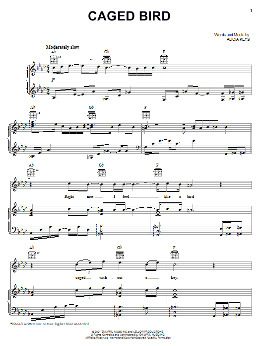 Learn to play Alicia Keys Caged Bird sheet music for Piano, Vocal & Guitar Chords (Right-Hand Melody) in minutes. Price: 7.8900$ Alicia Keys Caged Bird sheet music notes and chords arranged for Piano, Vocal & Guitar Chords (Right-Hand Melody)