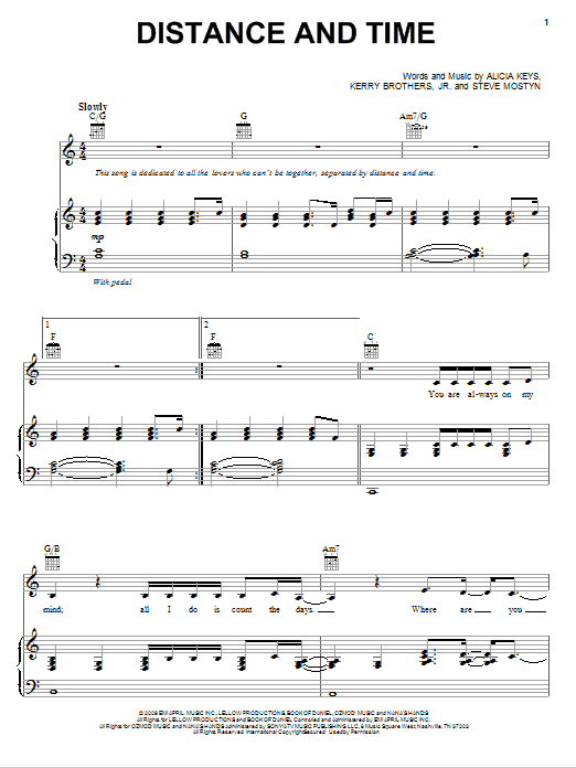 Learn to play Alicia Keys Distance And Time sheet music for Piano, Vocal & Guitar Chords (Right-Hand Melody) in minutes. Price: 7.8900$ Alicia Keys Distance And Time sheet music notes and chords arranged for Piano, Vocal & Guitar Chords (Right-Hand Melody)