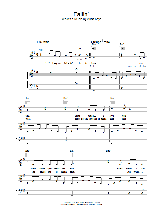 Alicia Keys Fallin' sheet music notes and chords. Download Printable PDF.