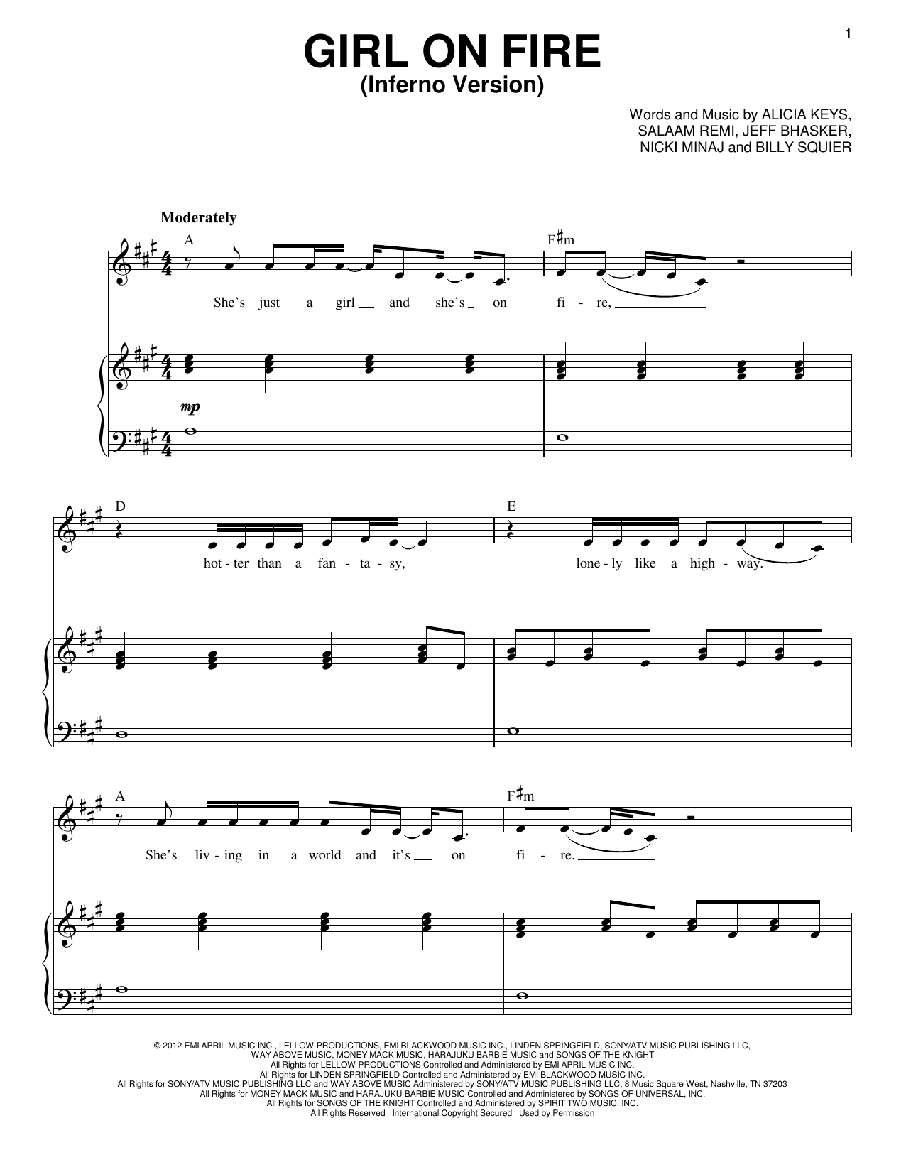 Alicia Keys Featuring Nicki Minaj Girl On Fire (Inferno Version) sheet music notes and chords. Download Printable PDF.