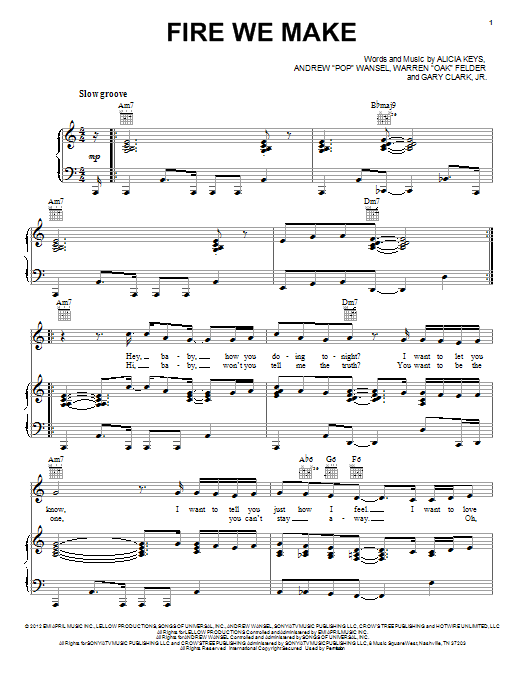 Learn to play Alicia Keys Fire We Make sheet music for Piano, Vocal & Guitar Chords (Right-Hand Melody) in minutes. Price: 7.8900$ Alicia Keys Fire We Make sheet music notes and chords arranged for Piano, Vocal & Guitar Chords (Right-Hand Melody)