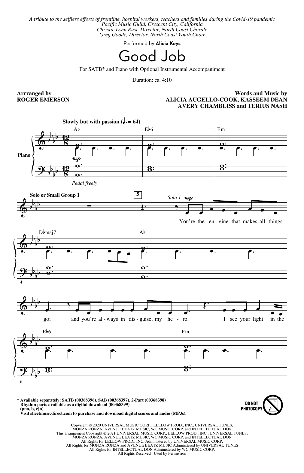Learn to play Alicia Keys Good Job (arr. Roger Emerson) sheet music for SATB Choir in minutes. Price: 3.9900$ Alicia Keys Good Job (arr. Roger Emerson) sheet music notes and chords arranged for SATB Choir