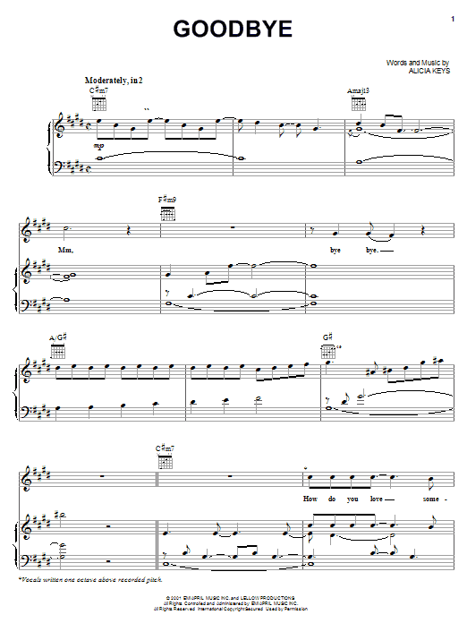 Learn to play Alicia Keys Goodbye sheet music for Piano, Vocal & Guitar Chords (Right-Hand Melody) in minutes. Price: 7.8900$ Alicia Keys Goodbye sheet music notes and chords arranged for Piano, Vocal & Guitar Chords (Right-Hand Melody)