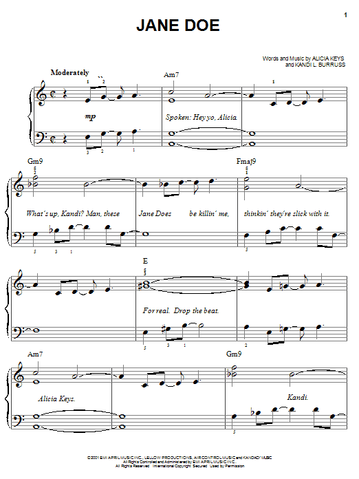Alicia Keys Jane Doe sheet music notes and chords arranged for Piano, Vocal & Guitar Chords (Right-Hand Melody)