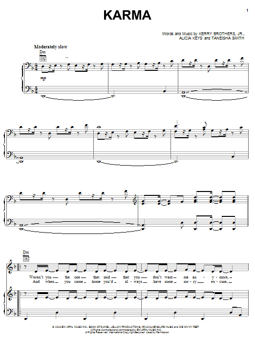 Alicia Keys Karma sheet music notes and chords arranged for Piano, Vocal & Guitar Chords (Right-Hand Melody)