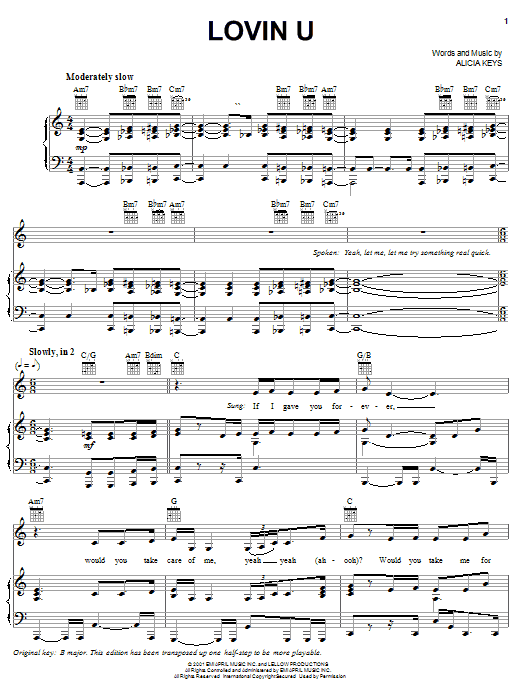 Learn to play Alicia Keys Lovin U sheet music for Piano, Vocal & Guitar Chords (Right-Hand Melody) in minutes. Price: 7.8900$ Alicia Keys Lovin U sheet music notes and chords arranged for Piano, Vocal & Guitar Chords (Right-Hand Melody)