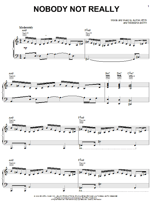 Learn to play Alicia Keys Nobody Not Really sheet music for Piano, Vocal & Guitar Chords (Right-Hand Melody) in minutes. Price: 7.8900$ Alicia Keys Nobody Not Really sheet music notes and chords arranged for Piano, Vocal & Guitar Chords (Right-Hand Melody)