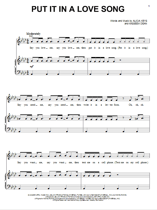 Alicia Keys Put It In A Love Song sheet music notes and chords arranged for Piano, Vocal & Guitar Chords (Right-Hand Melody)
