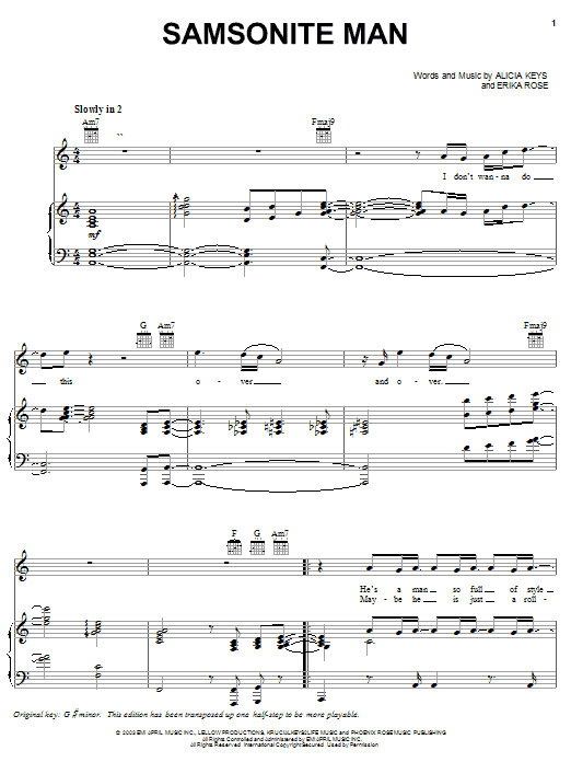 Learn to play Alicia Keys Samsonite Man sheet music for Piano, Vocal & Guitar Chords (Right-Hand Melody) in minutes. Price: 7.8900$ Alicia Keys Samsonite Man sheet music notes and chords arranged for Piano, Vocal & Guitar Chords (Right-Hand Melody)