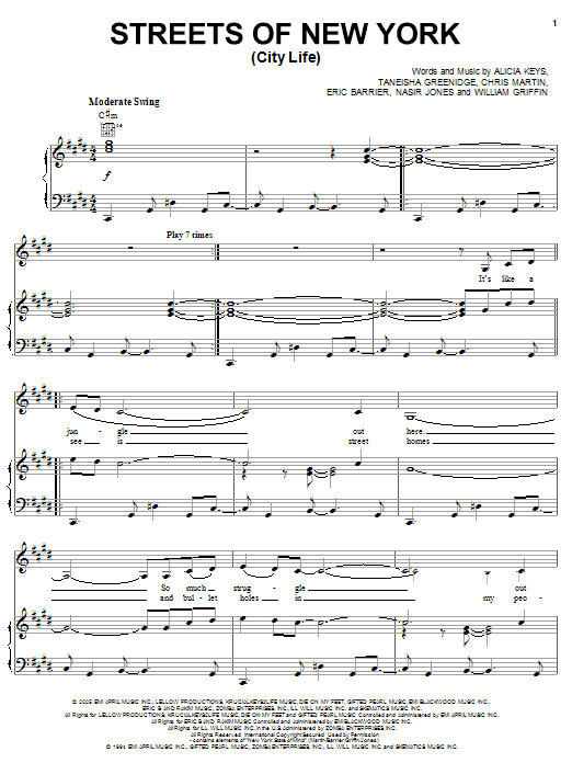 Alicia Keys Streets Of New York (City Life) sheet music notes and chords arranged for Piano, Vocal & Guitar Chords (Right-Hand Melody)