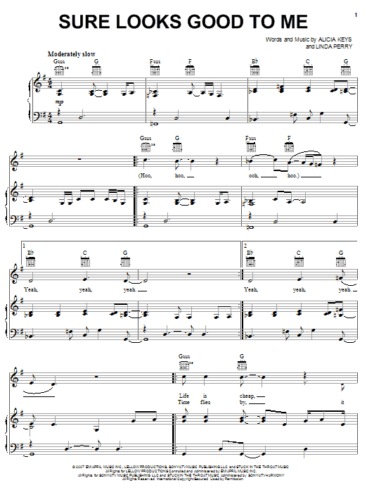 Learn to play Alicia Keys Sure Looks Good To Me sheet music for Piano, Vocal & Guitar Chords (Right-Hand Melody) in minutes. Price: 7.8900$ Alicia Keys Sure Looks Good To Me sheet music notes and chords arranged for Piano, Vocal & Guitar Chords (Right-Hand Melody)