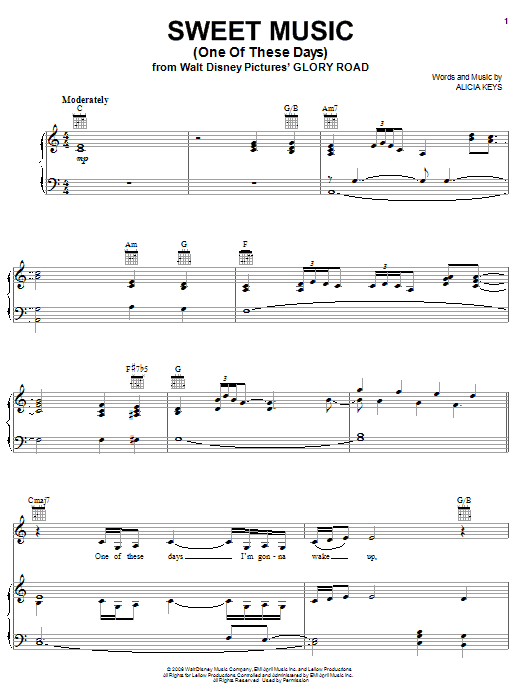 Learn to play Alicia Keys Sweet Music (One Of These Days) sheet music for Piano, Vocal & Guitar Chords (Right-Hand Melody) in minutes. Price: 7.8900$ Alicia Keys Sweet Music (One Of These Days) sheet music notes and chords arranged for Piano, Vocal & Guitar Chords (Right-Hand Melody)