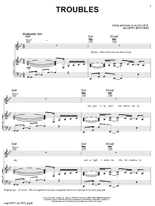 Learn to play Alicia Keys Troubles sheet music for Piano, Vocal & Guitar Chords (Right-Hand Melody) in minutes. Price: 7.8900$ Alicia Keys Troubles sheet music notes and chords arranged for Piano, Vocal & Guitar Chords (Right-Hand Melody)