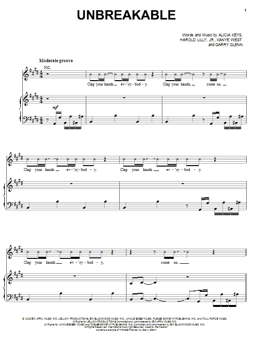 Learn to play Alicia Keys Unbreakable sheet music for Piano, Vocal & Guitar Chords (Right-Hand Melody) in minutes. Price: 7.8900$ Alicia Keys Unbreakable sheet music notes and chords arranged for Piano, Vocal & Guitar Chords (Right-Hand Melody)
