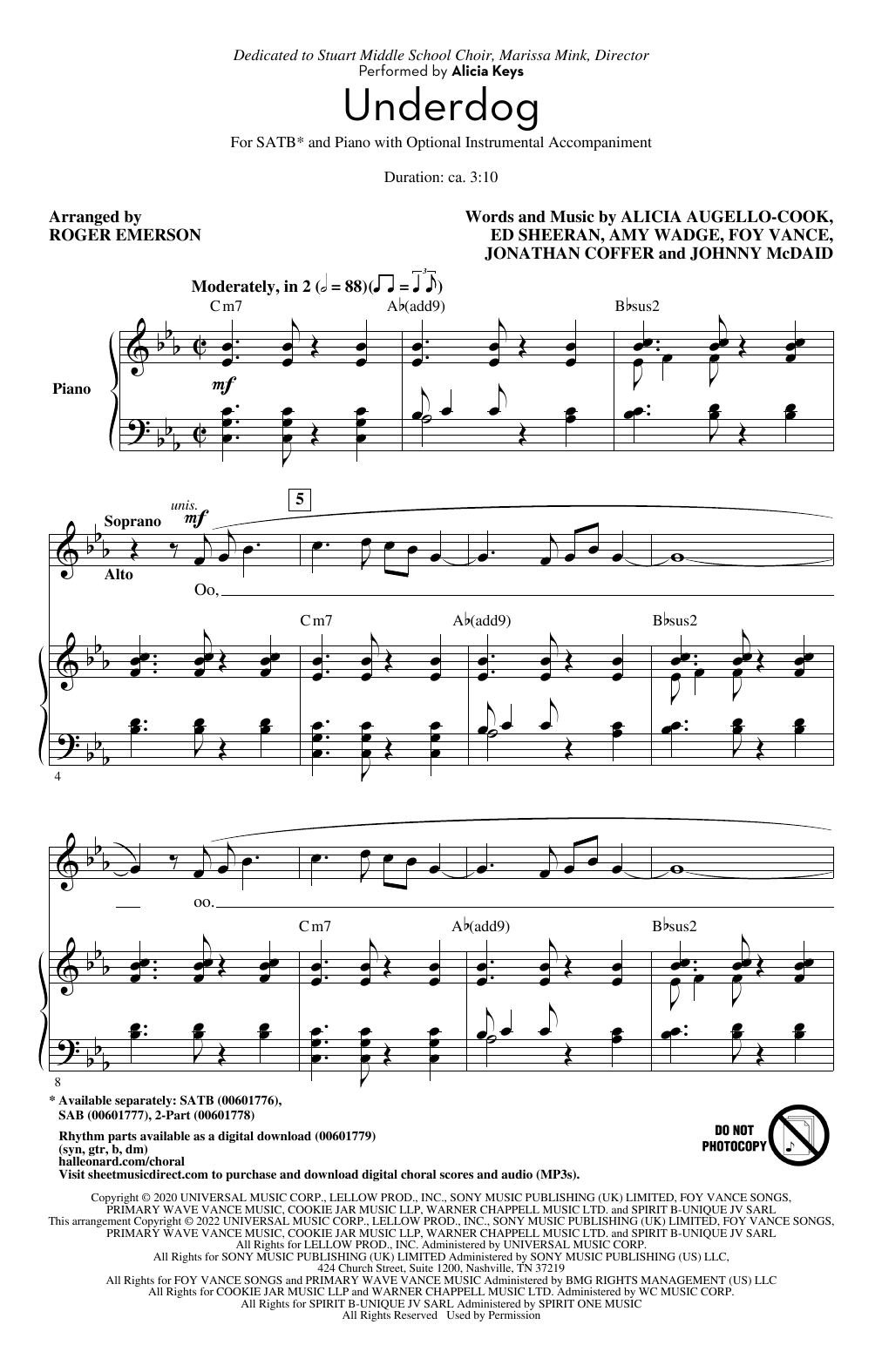 Alicia Keys Underdog (arr. Roger Emerson) sheet music notes and chords. Download Printable PDF.