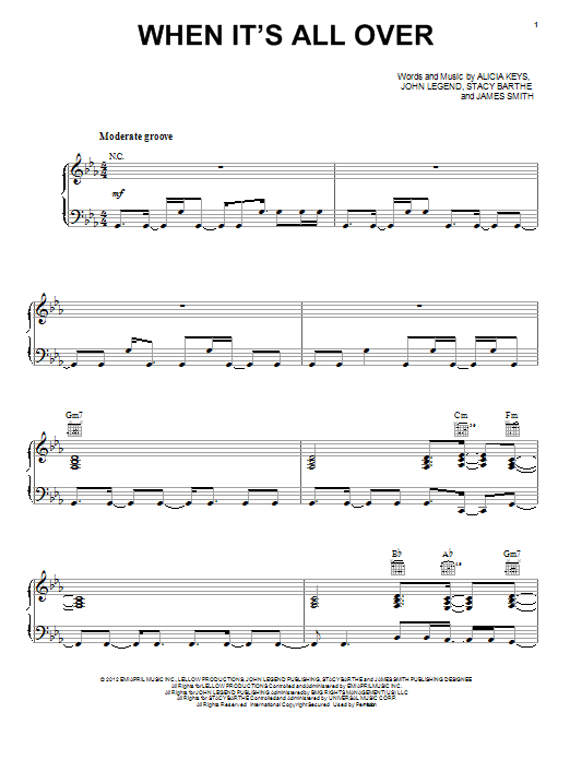Learn to play Alicia Keys When It's All Over sheet music for Piano, Vocal & Guitar Chords (Right-Hand Melody) in minutes. Price: 7.8900$ Alicia Keys When It's All Over sheet music notes and chords arranged for Piano, Vocal & Guitar Chords (Right-Hand Melody)