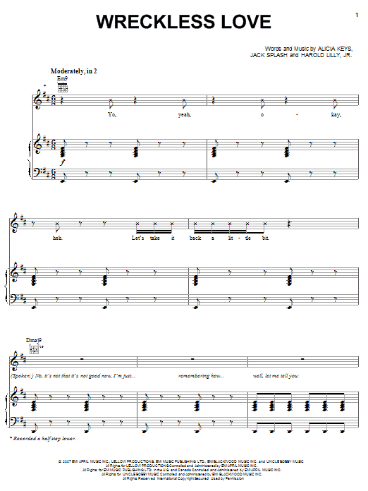 Learn to play Alicia Keys Wreckless Love sheet music for Piano, Vocal & Guitar Chords (Right-Hand Melody) in minutes. Price: 7.8900$ Alicia Keys Wreckless Love sheet music notes and chords arranged for Piano, Vocal & Guitar Chords (Right-Hand Melody)