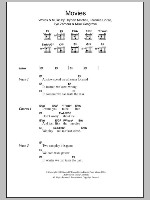 Alien Ant Farm Movies sheet music notes and chords arranged for Guitar Chords/Lyrics