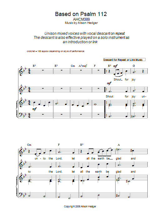 Learn to play Alison Hedger Based On Psalm 112 sheet music for Piano, Vocal & Guitar Chords in minutes. Price: 7.8900$ Alison Hedger Based On Psalm 112 sheet music notes and chords arranged for Piano, Vocal & Guitar Chords