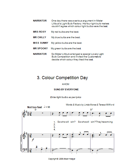 Learn to play Alison Hedger Colour Competition Day (from Mister Lillibub's Lovely Light Bulbs) sheet music for Piano, Vocal & Guitar Chords in minutes. Price: 7.8900$ Alison Hedger Colour Competition Day (from Mister Lillibub's Lovely Light Bulbs) sheet music notes and chords arranged for Piano, Vocal & Guitar Chords