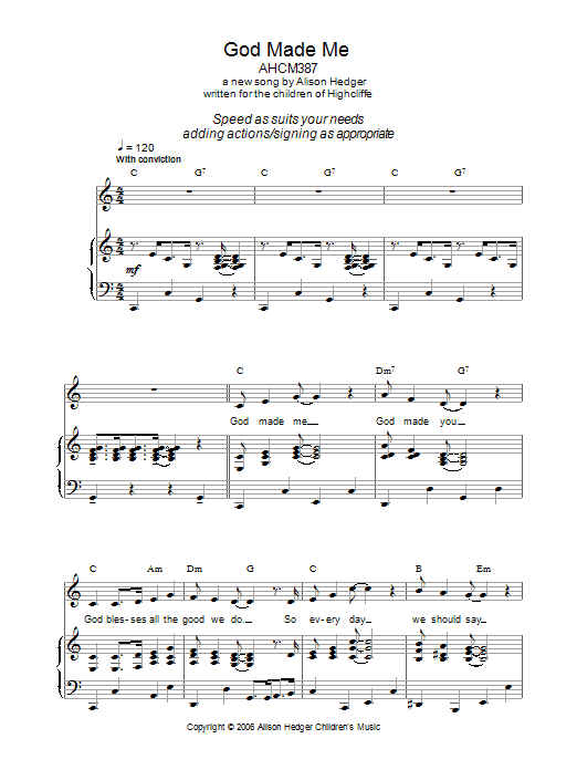 Learn to play Alison Hedger God Made Me sheet music for Piano, Vocal & Guitar Chords in minutes. Price: 7.8900$ Alison Hedger God Made Me sheet music notes and chords arranged for Piano, Vocal & Guitar Chords