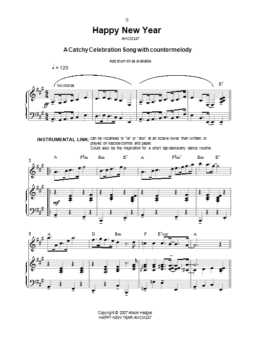 Learn to play Alison Hedger Happy New Year sheet music for Piano, Vocal & Guitar Chords in minutes. Price: 7.8900$ Alison Hedger Happy New Year sheet music notes and chords arranged for Piano, Vocal & Guitar Chords