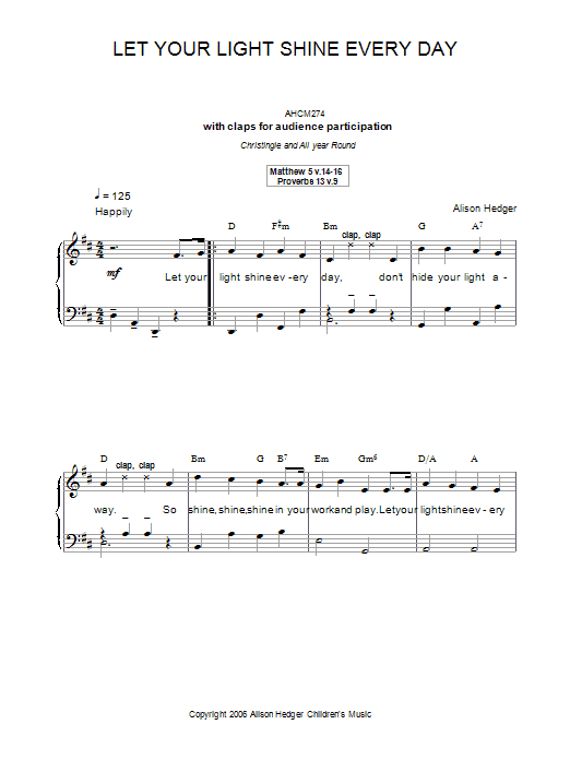 Alison Hedger Let Your Light Shine Every Day sheet music notes and chords arranged for Piano, Vocal & Guitar Chords