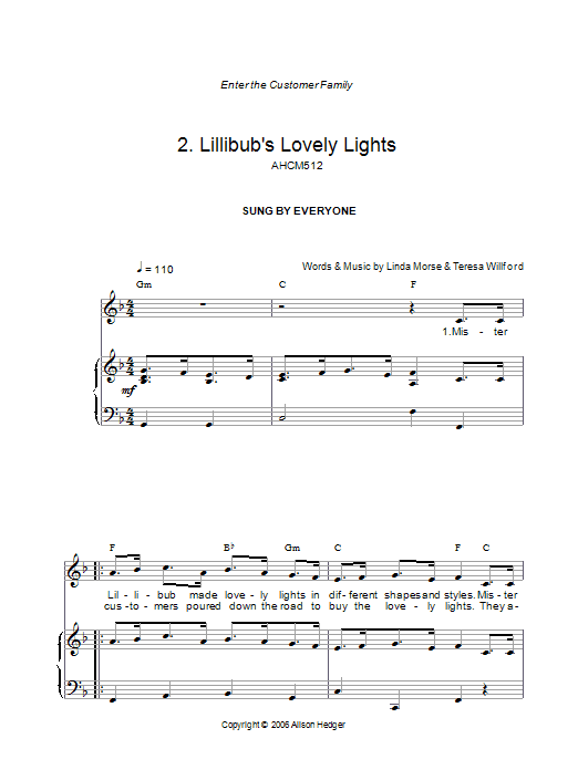 Learn to play Alison Hedger Lillibub's Lovely Lights (from Mister Lillibub's Lovely Light Bulbs) sheet music for Piano, Vocal & Guitar Chords in minutes. Price: 7.8900$ Alison Hedger Lillibub's Lovely Lights (from Mister Lillibub's Lovely Light Bulbs) sheet music notes and chords arranged for Piano, Vocal & Guitar Chords
