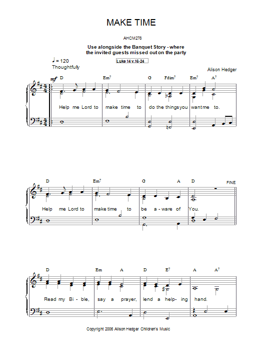 Learn to play Alison Hedger Make Time sheet music for Piano, Vocal & Guitar Chords in minutes. Price: 7.8900$ Alison Hedger Make Time sheet music notes and chords arranged for Piano, Vocal & Guitar Chords