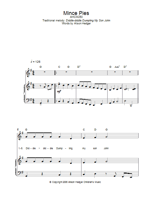 Alison Hedger Mince Pies sheet music notes and chords arranged for Piano, Vocal & Guitar Chords