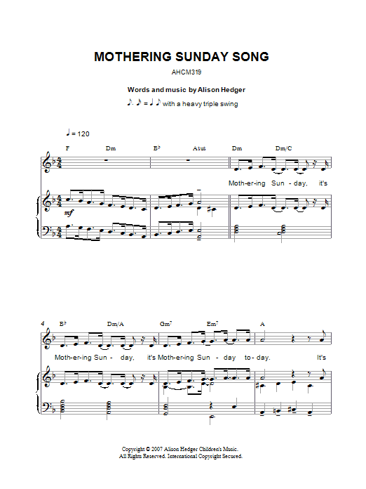 Learn to play Alison Hedger Mothering Sunday Song sheet music for Piano, Vocal & Guitar Chords in minutes. Price: 7.8900$ Alison Hedger Mothering Sunday Song sheet music notes and chords arranged for Piano, Vocal & Guitar Chords