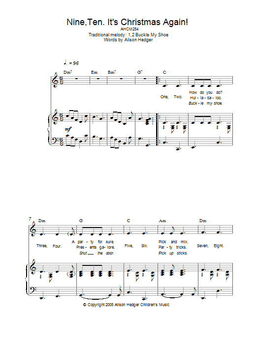 Alison Hedger Nine, Ten, It's Christmas Again! sheet music notes and chords arranged for Piano, Vocal & Guitar Chords