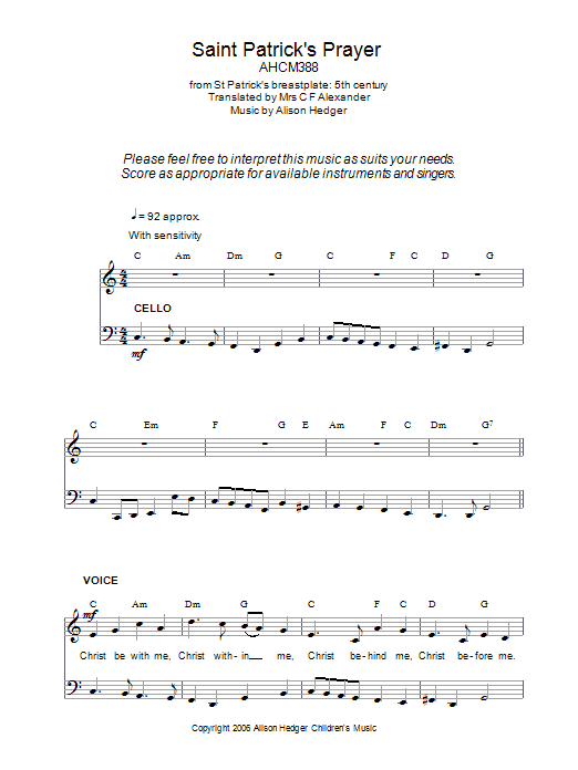 Learn to play Alison Hedger Saint Patrick's Prayer sheet music for Piano, Vocal & Guitar Chords in minutes. Price: 7.8900$ Alison Hedger Saint Patrick's Prayer sheet music notes and chords arranged for Piano, Vocal & Guitar Chords