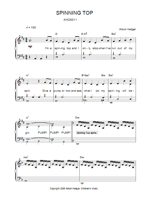 Learn to play Alison Hedger Spinning Top sheet music for Piano, Vocal & Guitar Chords in minutes. Price: 7.8900$ Alison Hedger Spinning Top sheet music notes and chords arranged for Piano, Vocal & Guitar Chords