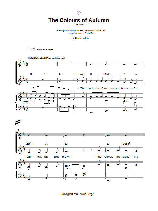 Learn to play Alison Hedger The Colours Of Autumn sheet music for Piano, Vocal & Guitar Chords in minutes. Price: 7.8900$ Alison Hedger The Colours Of Autumn sheet music notes and chords arranged for Piano, Vocal & Guitar Chords