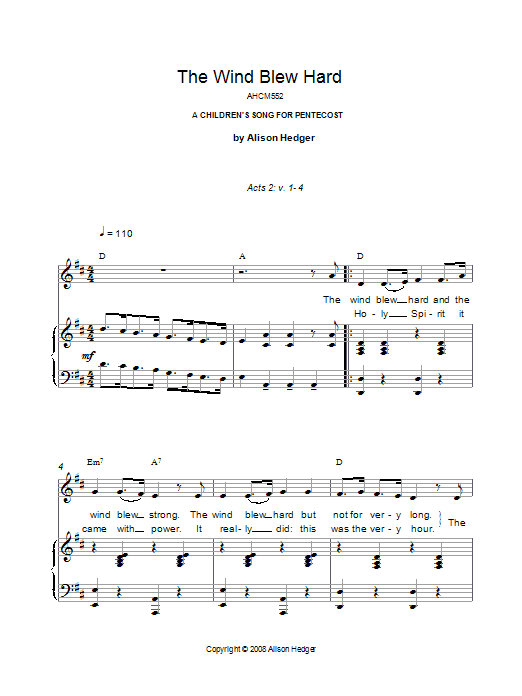 Learn to play Alison Hedger The Wind Blew Hard sheet music for Piano, Vocal & Guitar Chords in minutes. Price: 7.8900$ Alison Hedger The Wind Blew Hard sheet music notes and chords arranged for Piano, Vocal & Guitar Chords