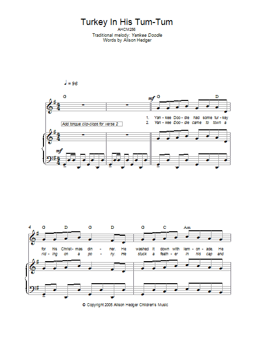 Alison Hedger Turkey In His Tum-Tum sheet music notes and chords arranged for Piano, Vocal & Guitar Chords