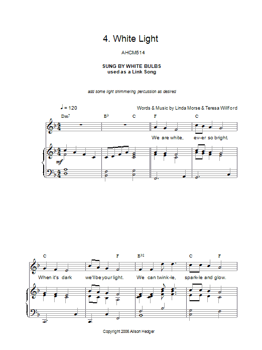 Learn to play Alison Hedger White Light (from Mister Lillibub's Lovely Light Bulbs) sheet music for Piano, Vocal & Guitar Chords in minutes. Price: 7.8900$ Alison Hedger White Light (from Mister Lillibub's Lovely Light Bulbs) sheet music notes and chords arranged for Piano, Vocal & Guitar Chords