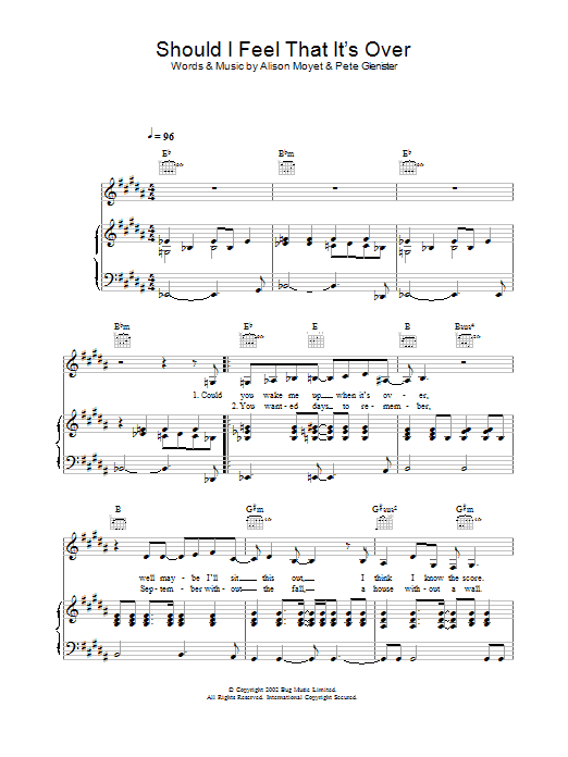 Alison Moyet Should I Feel That It's Over sheet music notes and chords arranged for Piano, Vocal & Guitar Chords