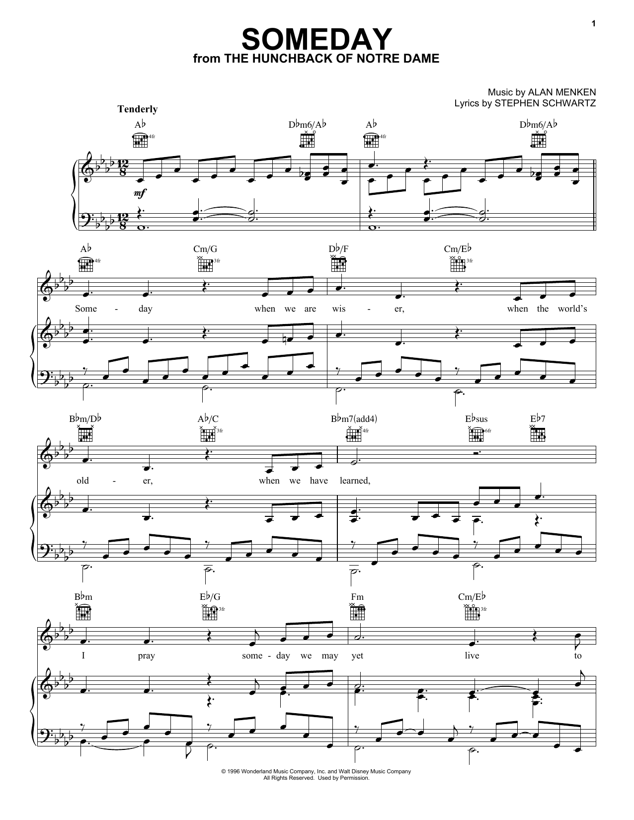 Alan Menken Someday (Esmeralda's Prayer) sheet music notes and chords. Download Printable PDF.