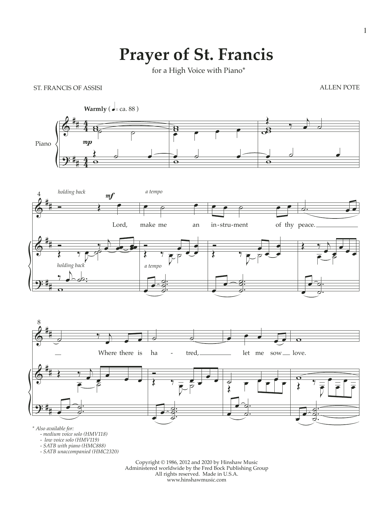 Allen Pote Prayer of St. Francis (High Voice) sheet music notes and chords. Download Printable PDF.