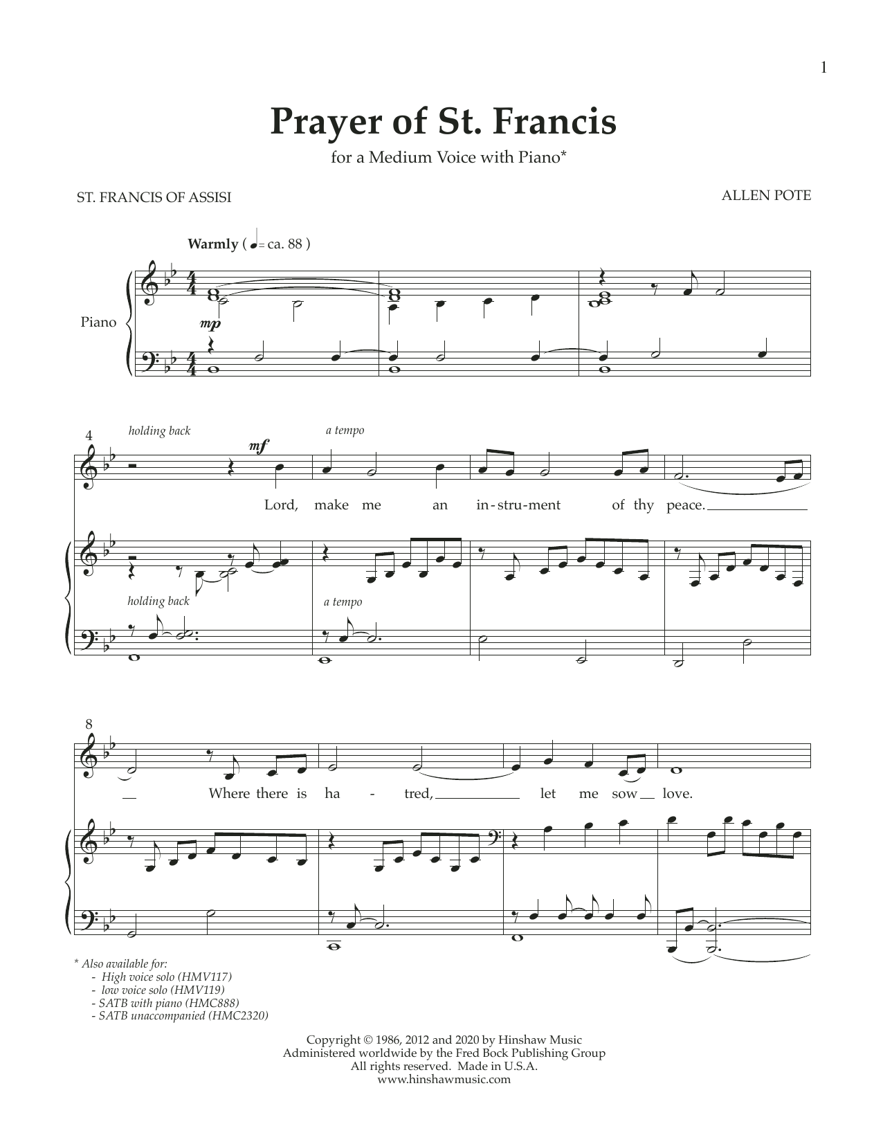 Allen Pote Prayer of St. Francis (Medium Voice) sheet music notes and chords. Download Printable PDF.