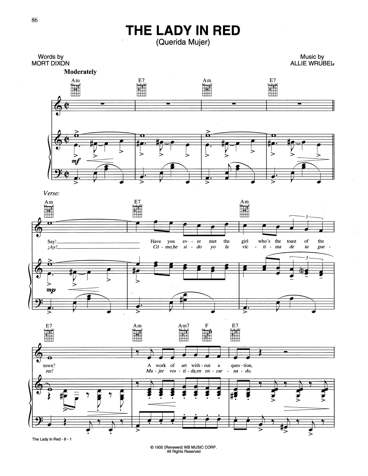 Learn to play Allie Wrubel The Lady In Red sheet music for Piano, Vocal & Guitar Chords (Right-Hand Melody) in minutes. Price: 7.8900$ Allie Wrubel The Lady In Red sheet music notes and chords arranged for Piano, Vocal & Guitar Chords (Right-Hand Melody)