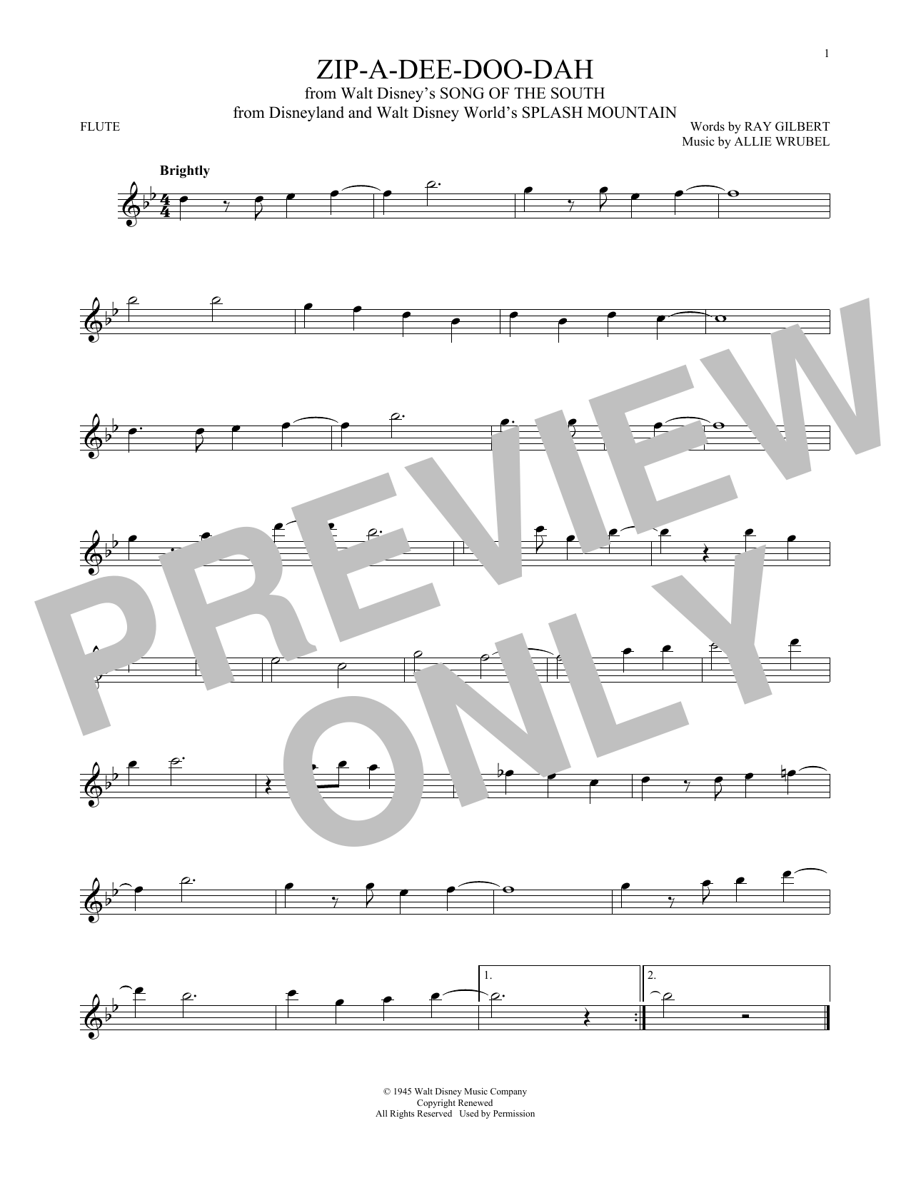 Allie Wrubel Zip-A-Dee-Doo-Dah sheet music notes and chords. Download Printable PDF.