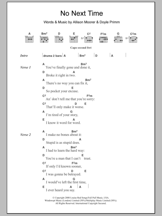 Allison Moorer No Next Time sheet music notes and chords. Download Printable PDF.